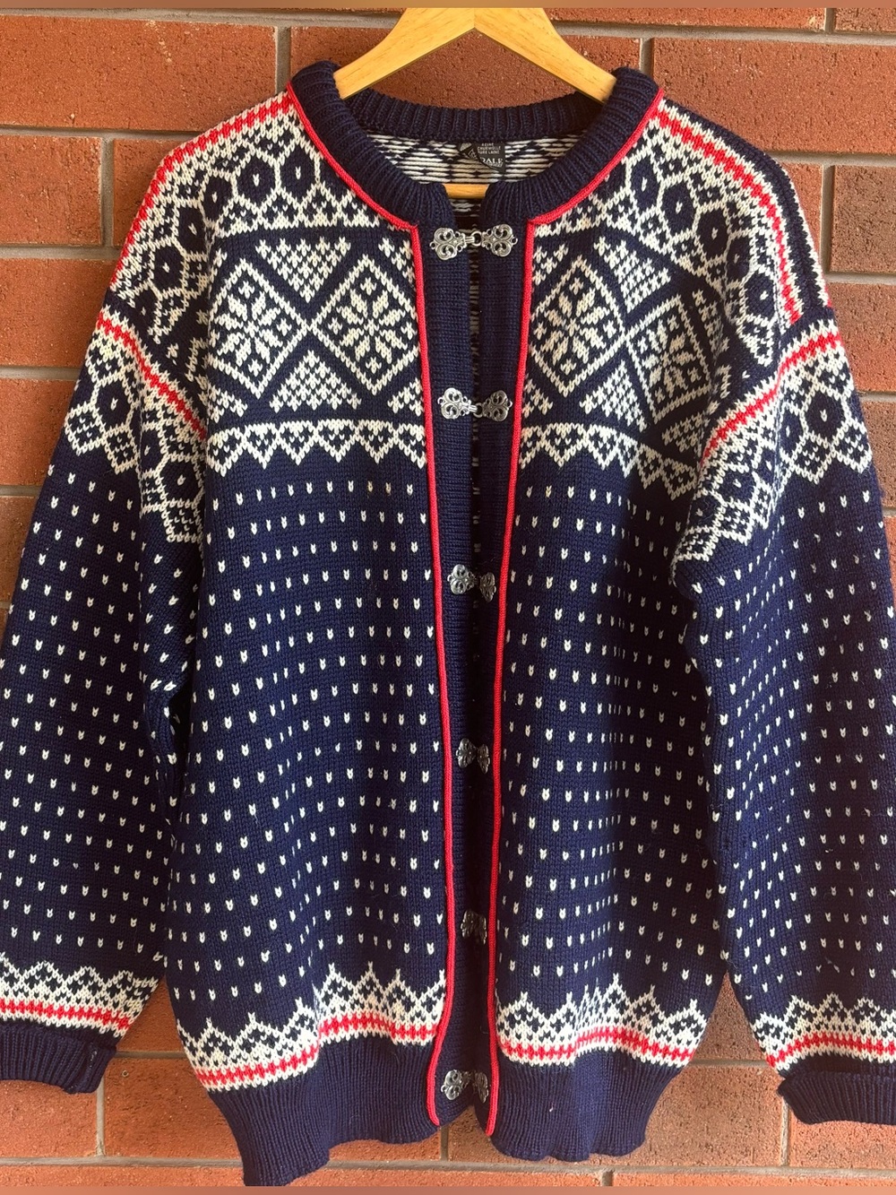 Vintage Norwegian Wool Cardigan Sweater Nordic Fair Isle Pewter Clasps XXL